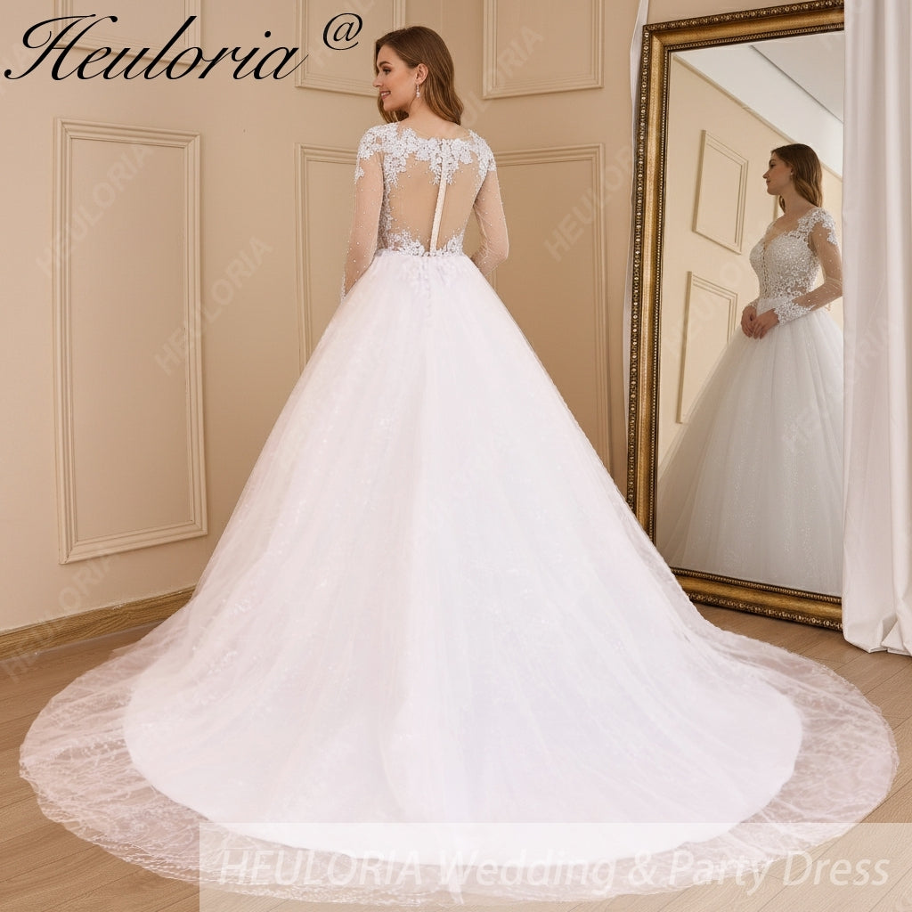HEULORIA Princess Ball Gown Wedding Dress long sleeve sweetheart plus size robe de mariee Lace beading bride dress court train BA-649