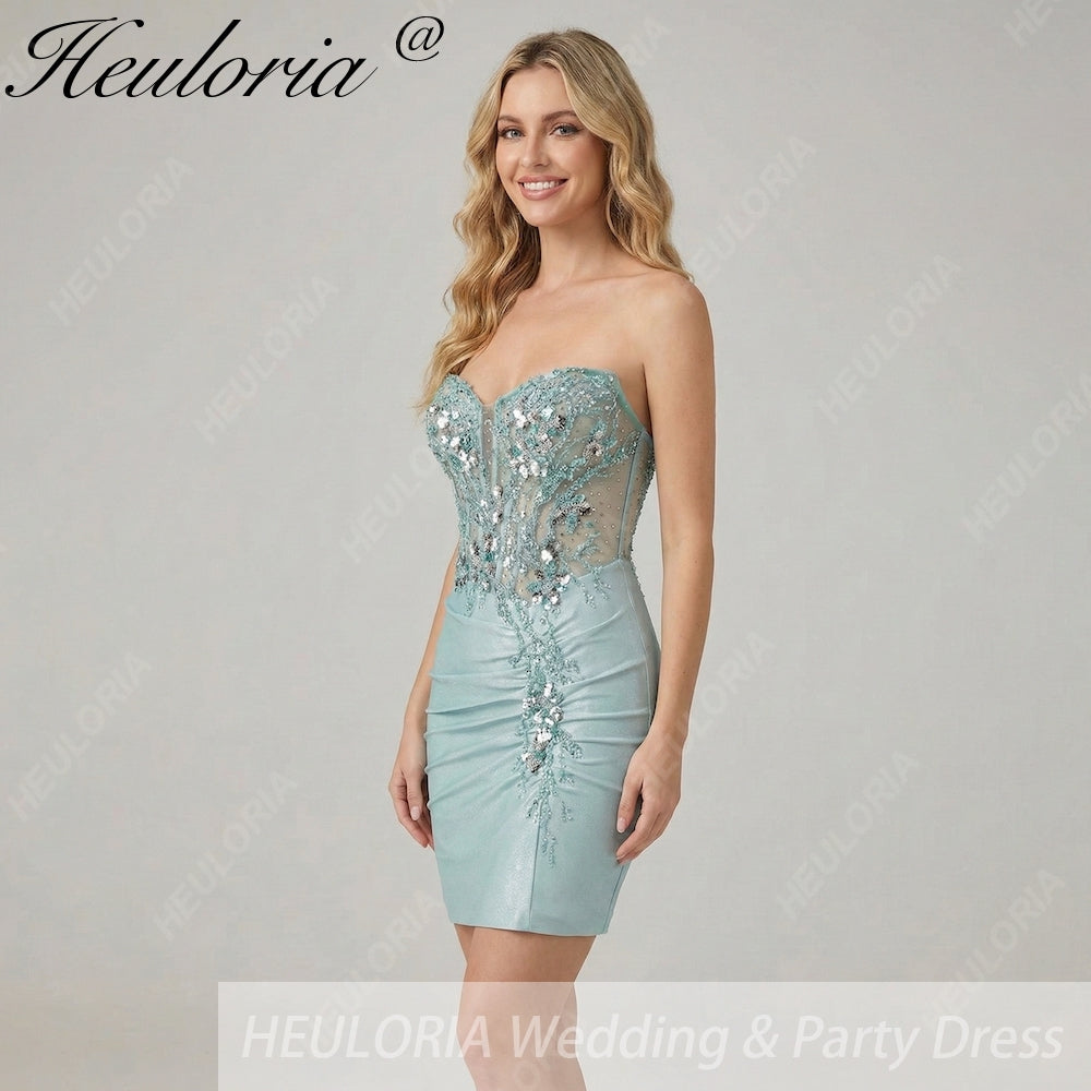 HEULORIA Sparkly Sequin Corset Mini Dress - Sheer Boning Ruched Bodycon Cocktail Gown ED-302