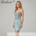 HEULORIA Sparkly Sequin Corset Mini Dress - Sheer Boning Ruched Bodycon Cocktail Gown ED-302