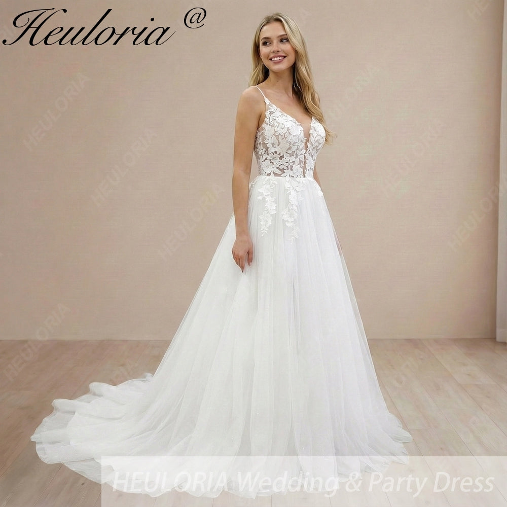 HEULORIA  elegant A line wedding dress Spaghetti Strap lace applique bridal dress Robe De Mariee Wedding Bride Dress AL-1077