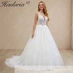 HEULORIA Elegant Plunging V-Neck Floral Lace A-Line Wedding Dress with Shimmer Tulle & Long Train AL-1056