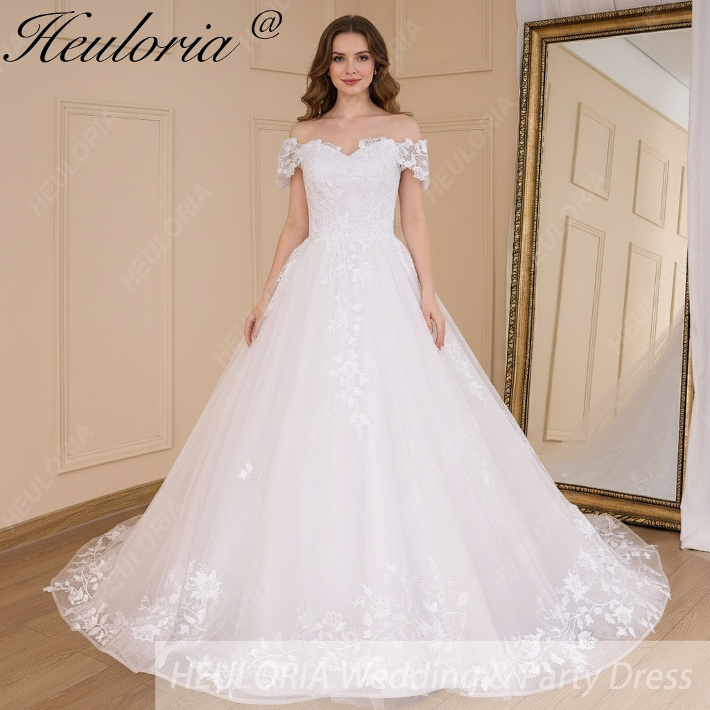 HEULORIA Ball-Gown/Princess off shoulder Cathedral Train Tulle Lace Wedding Dress BA-643