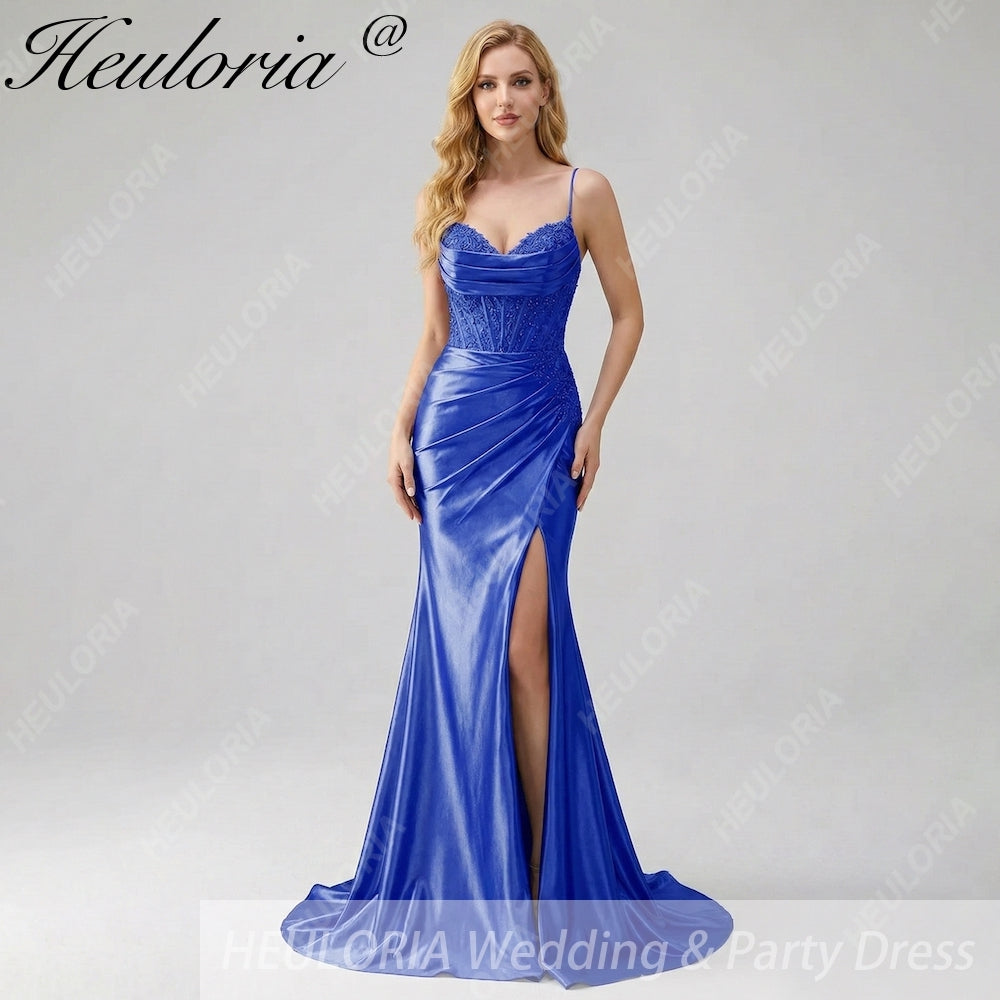 HEULORIA Sage Green Satin Mermaid Evening Dress with Lace Corset Bodice & High Slit ED-212