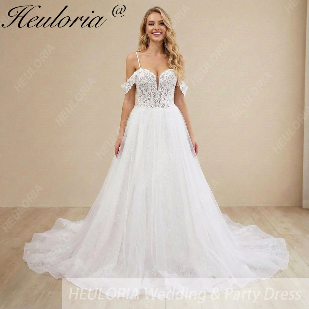 Sparkling Glitter Tulle A-Line Wedding Dress: Sweetheart Plunge & Detachable Lace Sleeves AL-1024 Immagine principale del prodotto