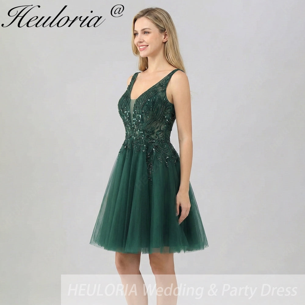 Heuloria Dark Green V-Neck Sequin Homecoming Dress - Short Tulle A-Line Cocktail Gown with Illusion Neckline ED-301