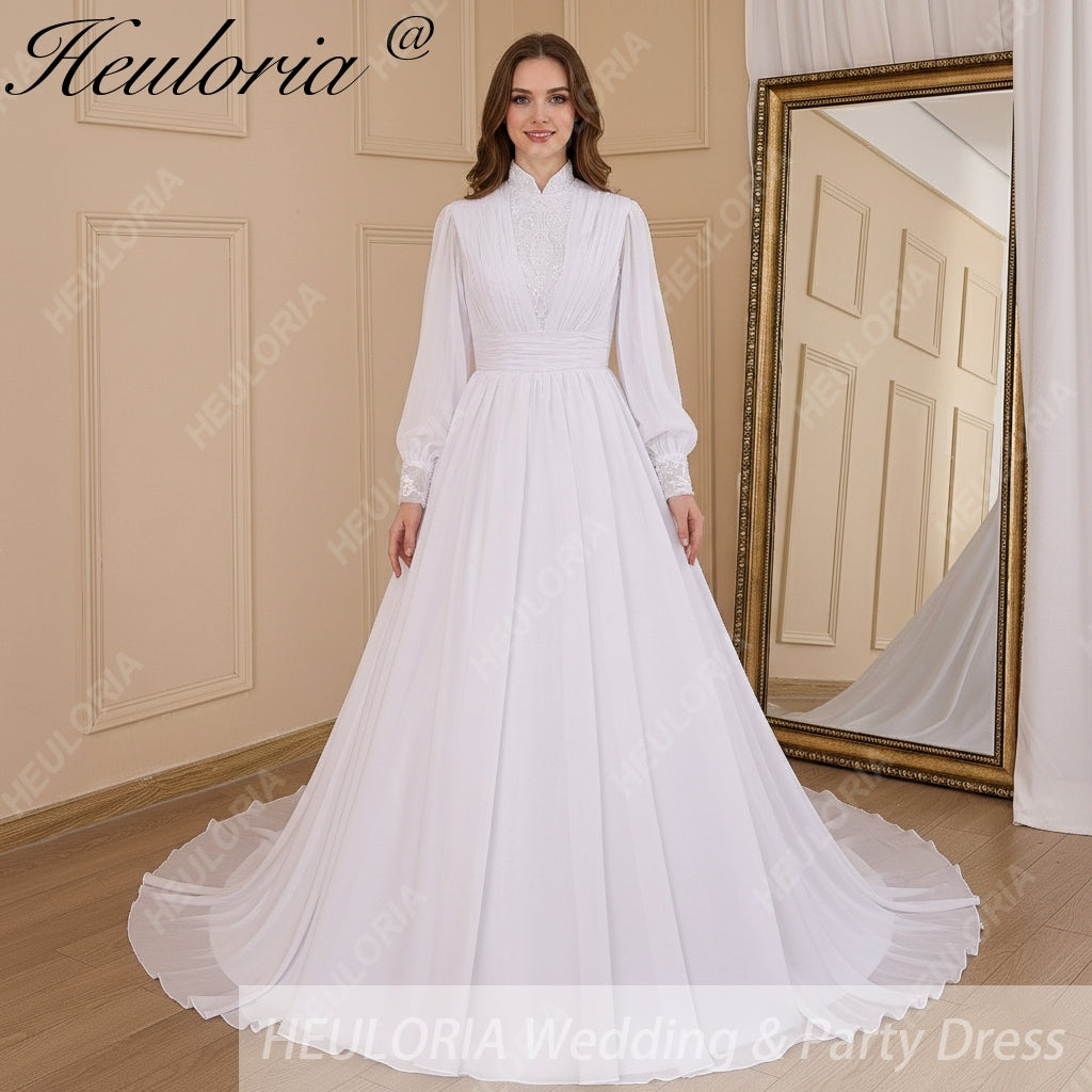 HEULORIA elegant lace beading Muslim ball gown Wedding Dress long sleeve high neck bride dress plus size bride Wedding Gown AL-615 Immagine principale del prodotto