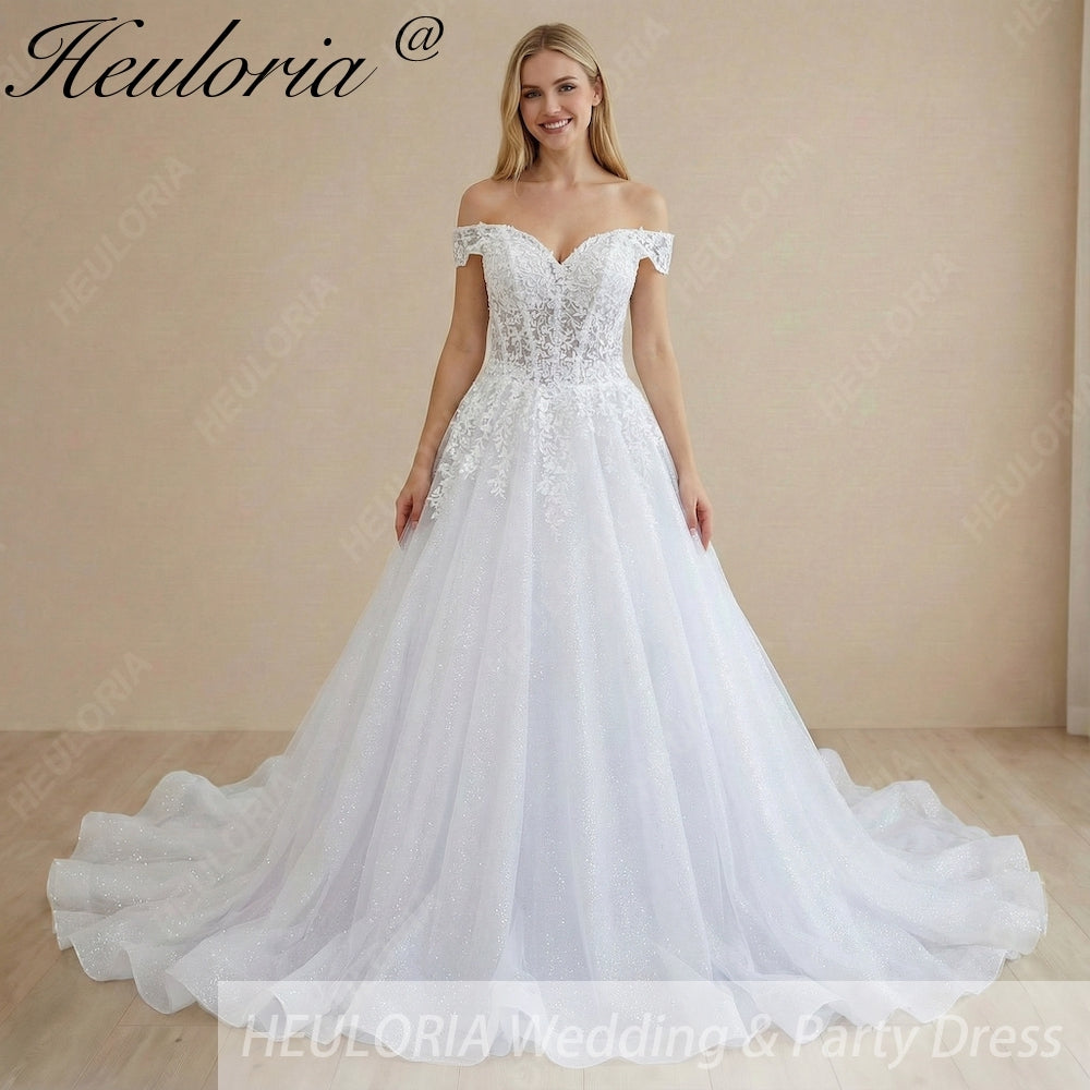 Heuloria Botanical Leaf Lace Corset Wedding Dress with Romantic Off-the-Shoulder Draped Sleeves BA-1084