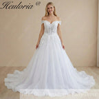 Heuloria Botanical Leaf Lace Corset Wedding Dress with Romantic Off-the-Shoulder Draped Sleeves BA-1084