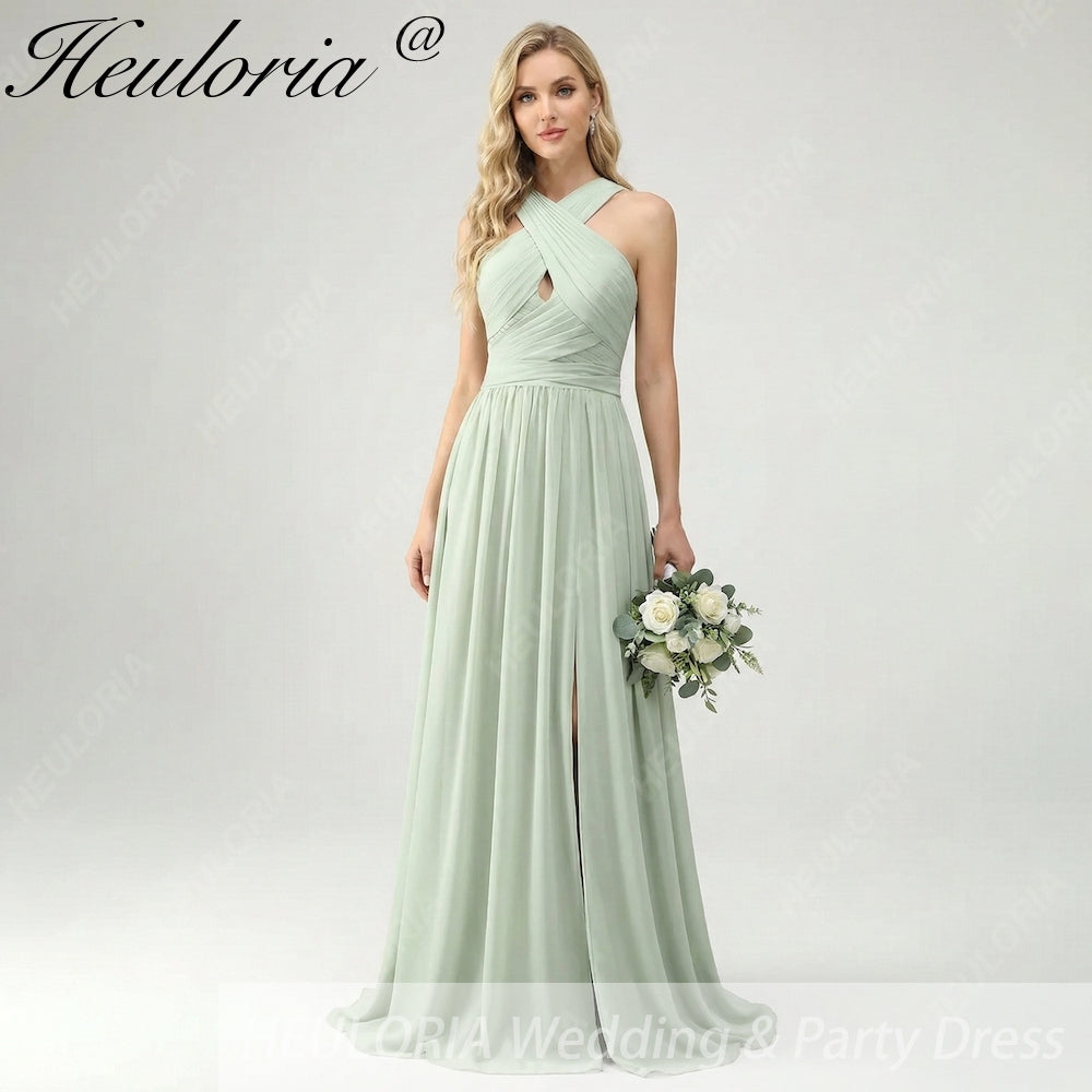 HEULORIA Dusty Sage Chiffon Criss-Cross Halter Bridesmaid Dress with Front Slit and Bow Back ED-256 Image principale du produit