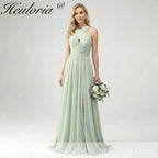 HEULORIA Dusty Sage Chiffon Criss-Cross Halter Bridesmaid Dress with Front Slit and Bow Back ED-256