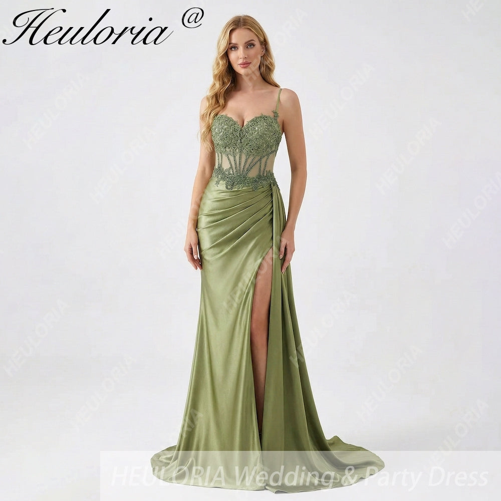 HEULORIA Elegant Satin Corset Evening Gown with Lace Appliqué & High Side Slit Prom dresses ED-219