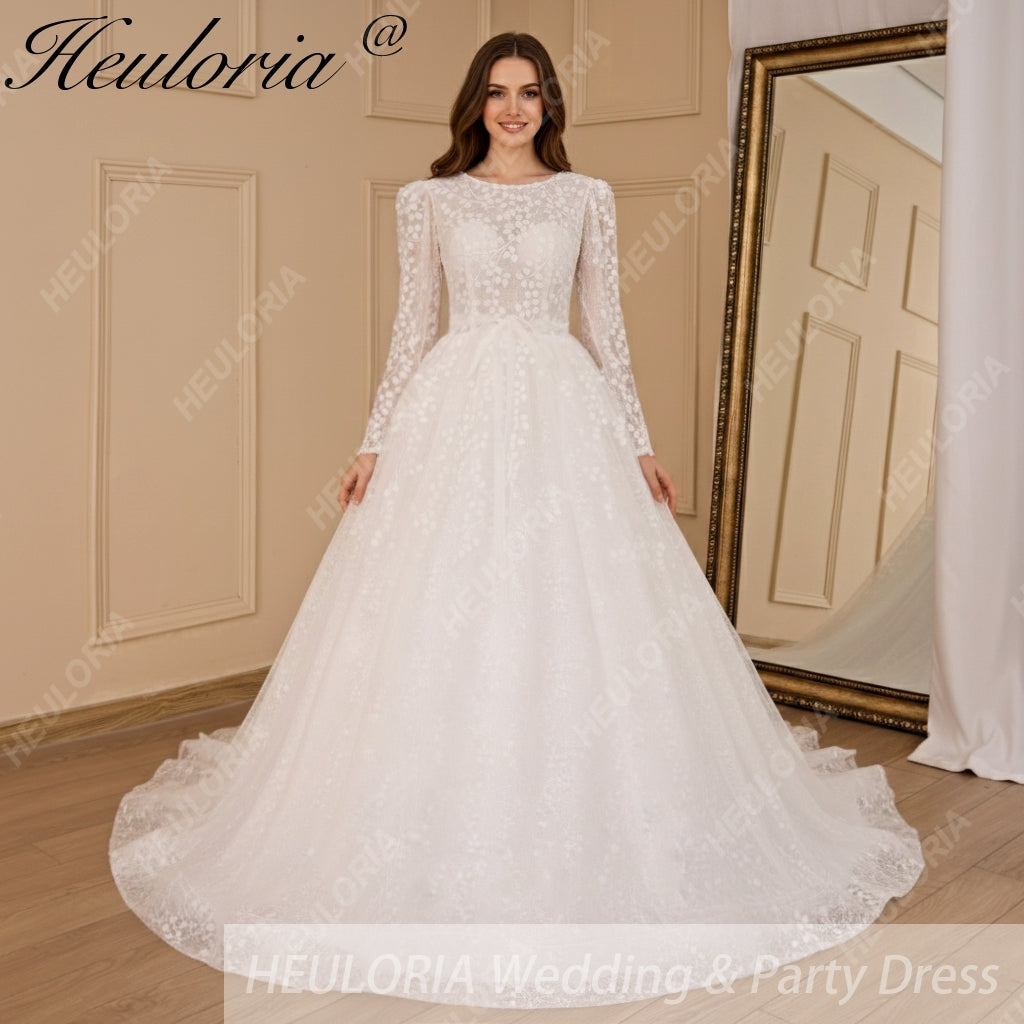 HEULORIA elegant wedding dress long sleeve 3D flower shinny robe de mariee Lace beading A line Wedding Bridal Gown BA-683 Image principale du produit