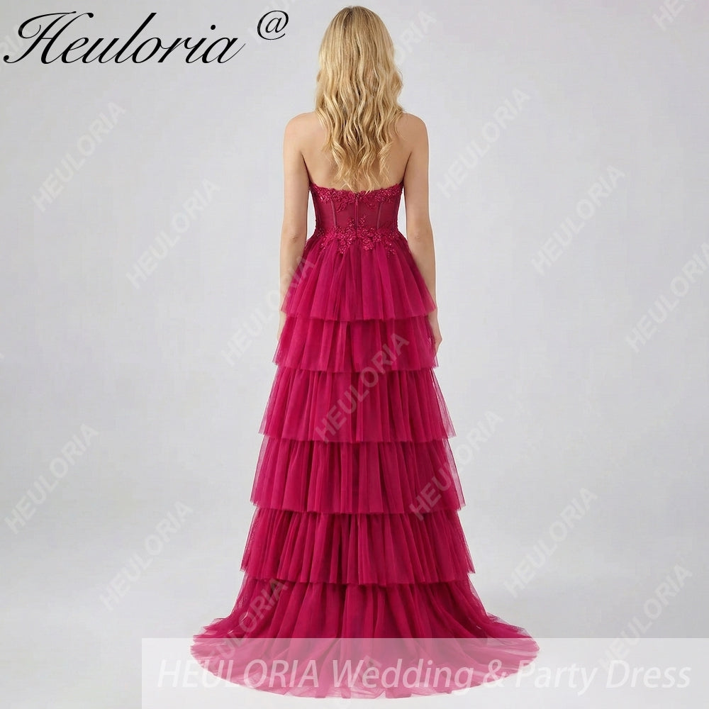 HEULORIA Fuchsia Strapless Tiered Tulle Evening Gown - Floral Lace Sequin Corset Prom Dress ED-224