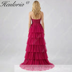 HEULORIA Fuchsia Strapless Tiered Tulle Evening Gown - Floral Lace Sequin Corset Prom Dress ED-224