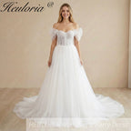HEULORIA Ethereal Leaf Embroidery Wedding Dress: Sweetheart Corset Bodice with Detachable Puff Sleeves AL-1035
