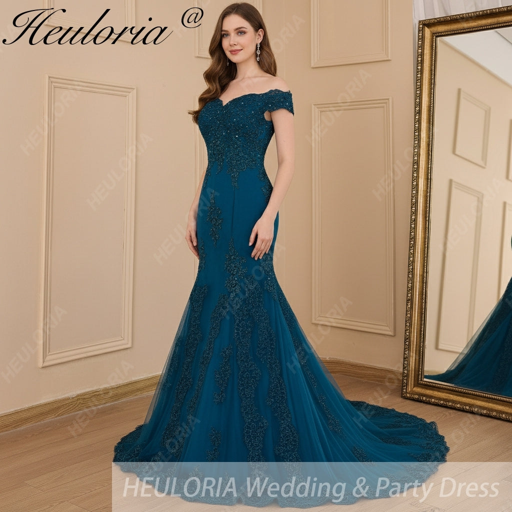 HEULORIA mermaid evening dress off shoulder lace beading wedding party dress long train formal prom dress ME-607