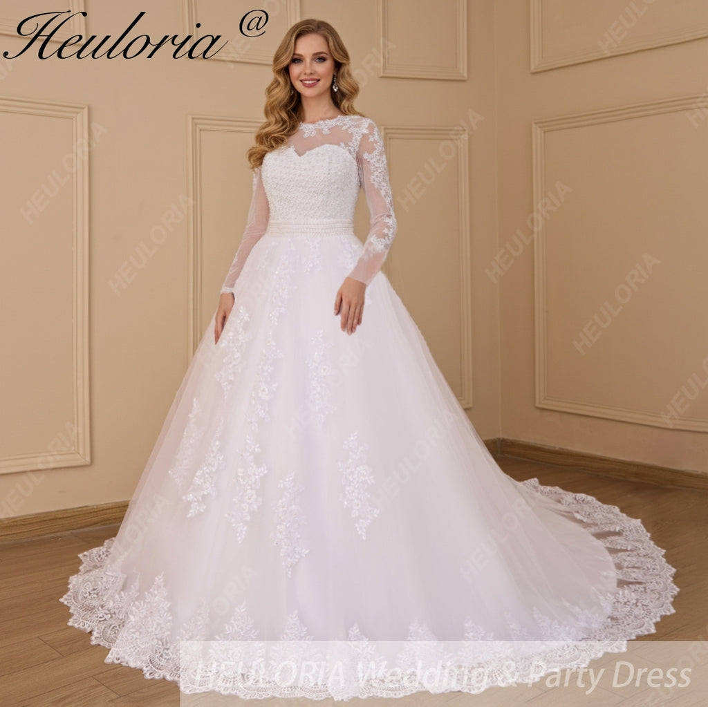 HEULORIA princess wedding dress long sleeve detachable 2 in 1 bride dress lace beading plus size robe de mariee Wedding gown BA-713