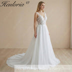HEULORIA Ethereal A-Line Wedding Dress with Illusion Leaf Lace Bodice and Plunging V-Neck AL-1055