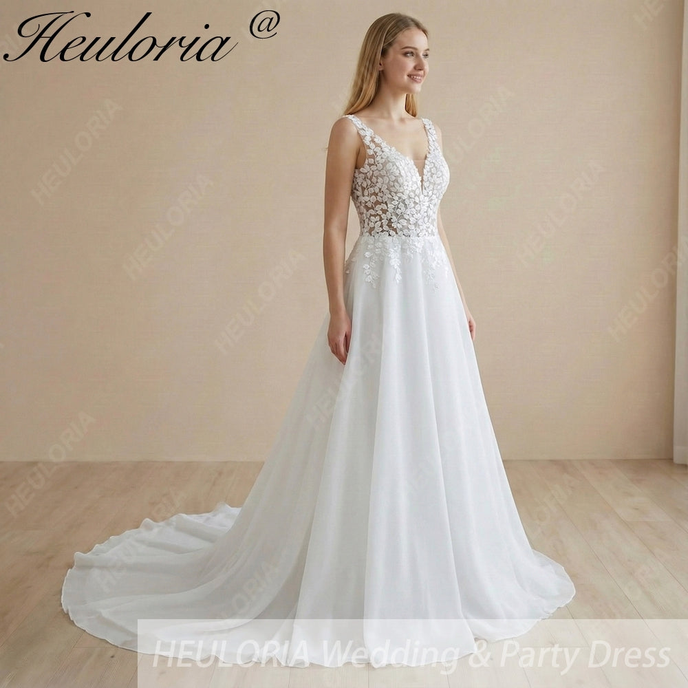HEULORIA Ethereal A-Line Wedding Dress with Illusion Leaf Lace Bodice and Plunging V-Neck AL-1055
