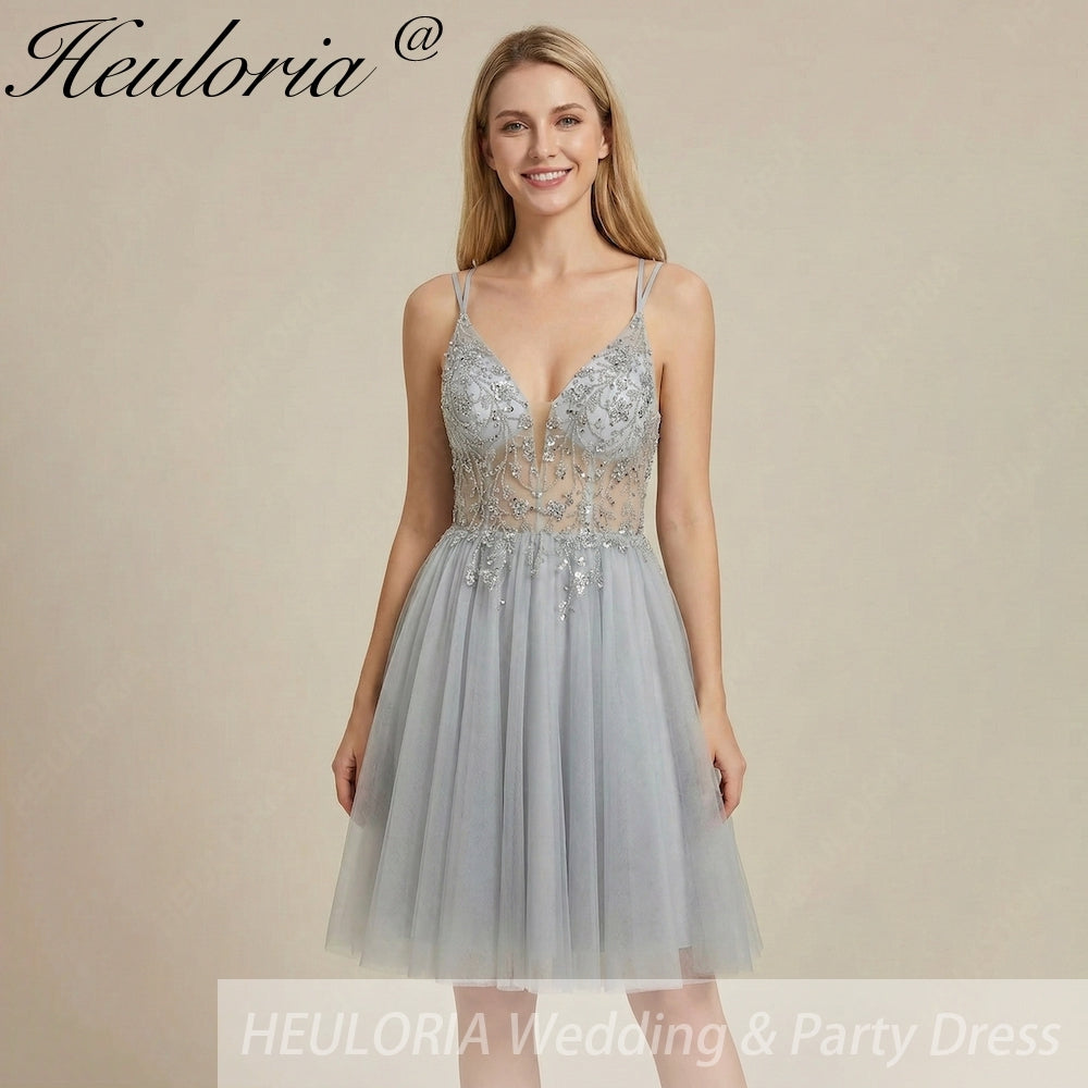HEULORIA Sparkly Silver-Grey Beaded Tulle Short Prom Dress - Illusion Deep V-Neck & Double Spaghetti Straps ED-305 Image principale du produit