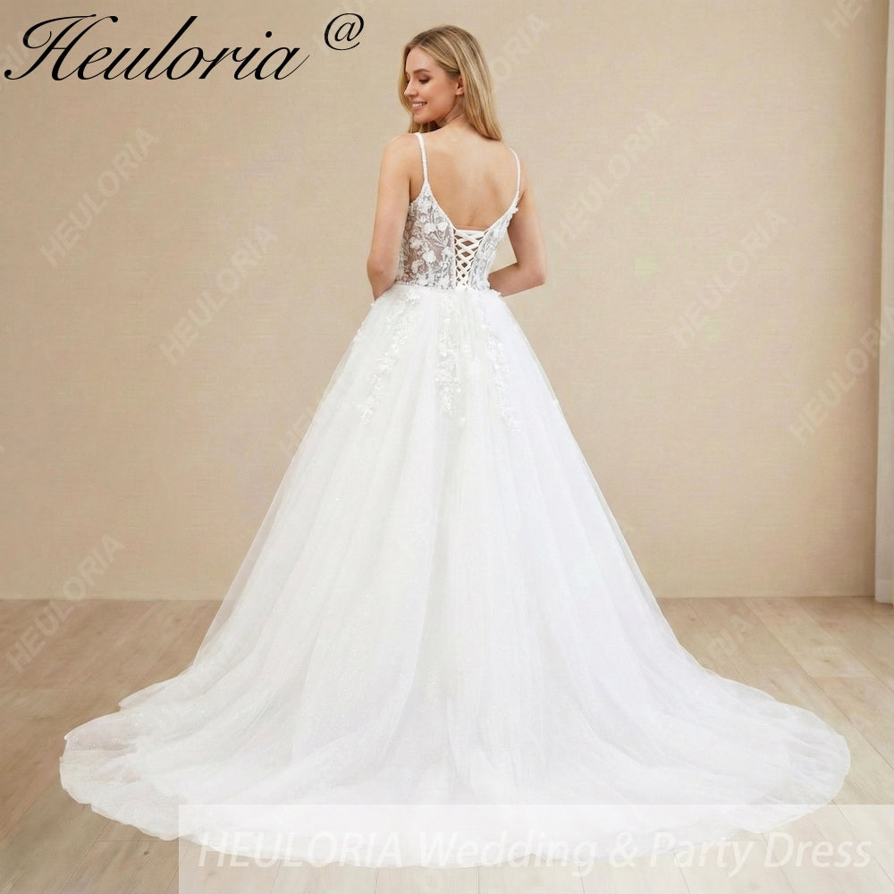 HEULORIA 3D Floral Applique A-Line Wedding Dress with Deep V-Neck and Glitter Tulle AL-1096