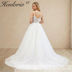 HEULORIA 3D Floral Applique A-Line Wedding Dress with Deep V-Neck and Glitter Tulle AL-1096