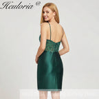 HEULORIA Emerald Green Sequin Lace Bodice Satin Mini Dress - V-Neck Spaghetti Strap Cocktail Party Gown ED-289