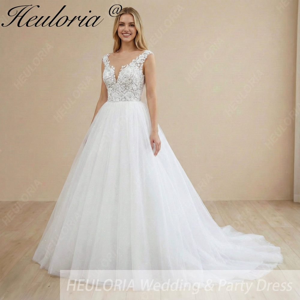 HEULORIA Shimmering Floral Lace Ball Gown Wedding Dress with Illusion V-Neck and Cathedral Train AL-1060