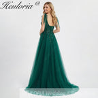 HEULORIA Ethereal Dark Green Beaded Tulle Prom Dress - Sweetheart Neckline & Whimsical Tie-Sleeves ED-344