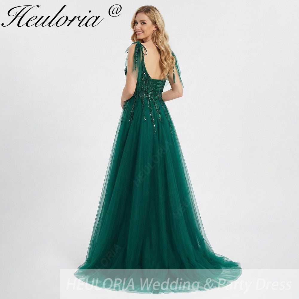 HEULORIA Ethereal Dark Green Beaded Tulle Prom Dress - Sweetheart Neckline & Whimsical Tie-Sleeves ED-344
