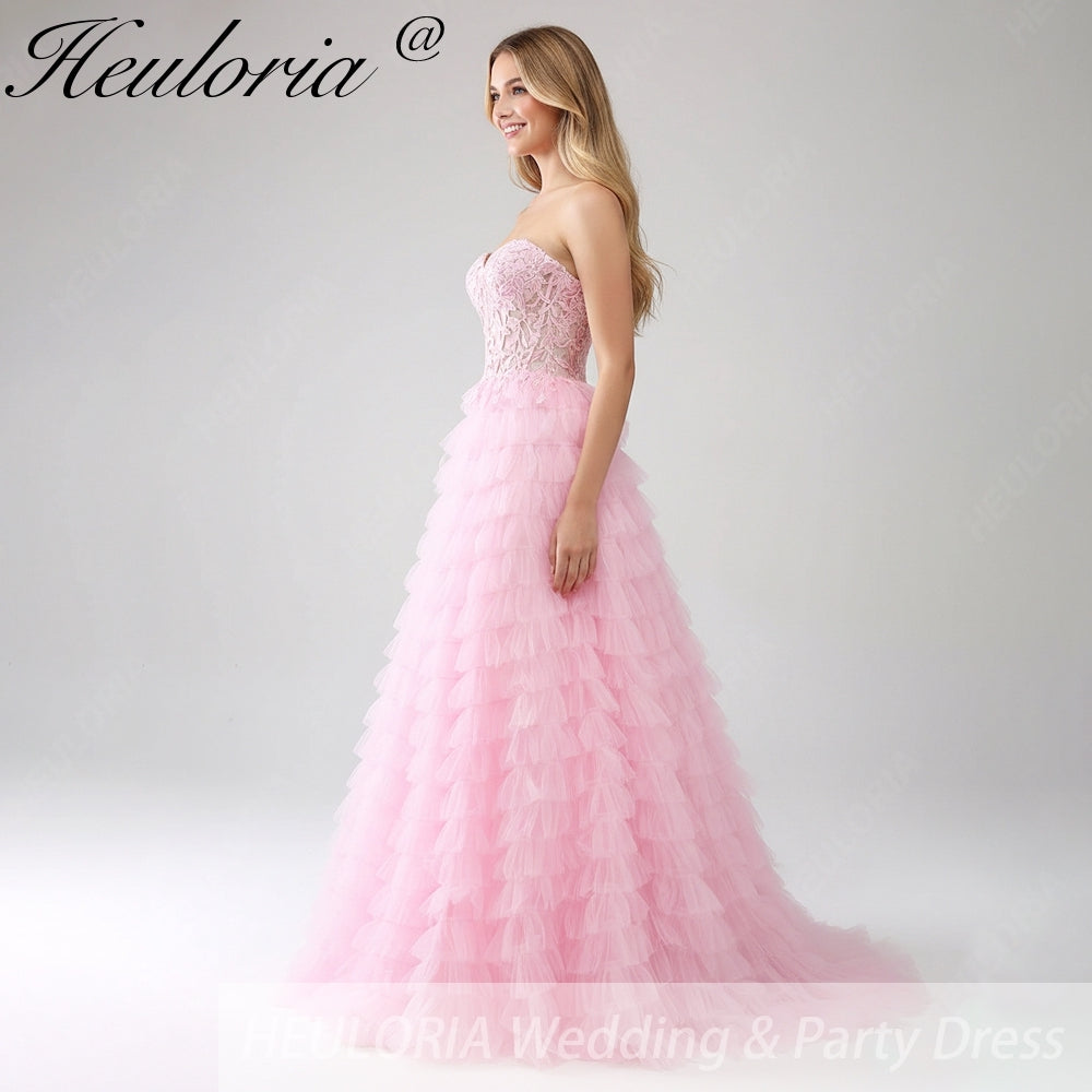 HEULORIA Enchanting Pink Tiered Ruffle Prom Dress - Sweetheart Strapless Lace-Up Ball Gown ED-355