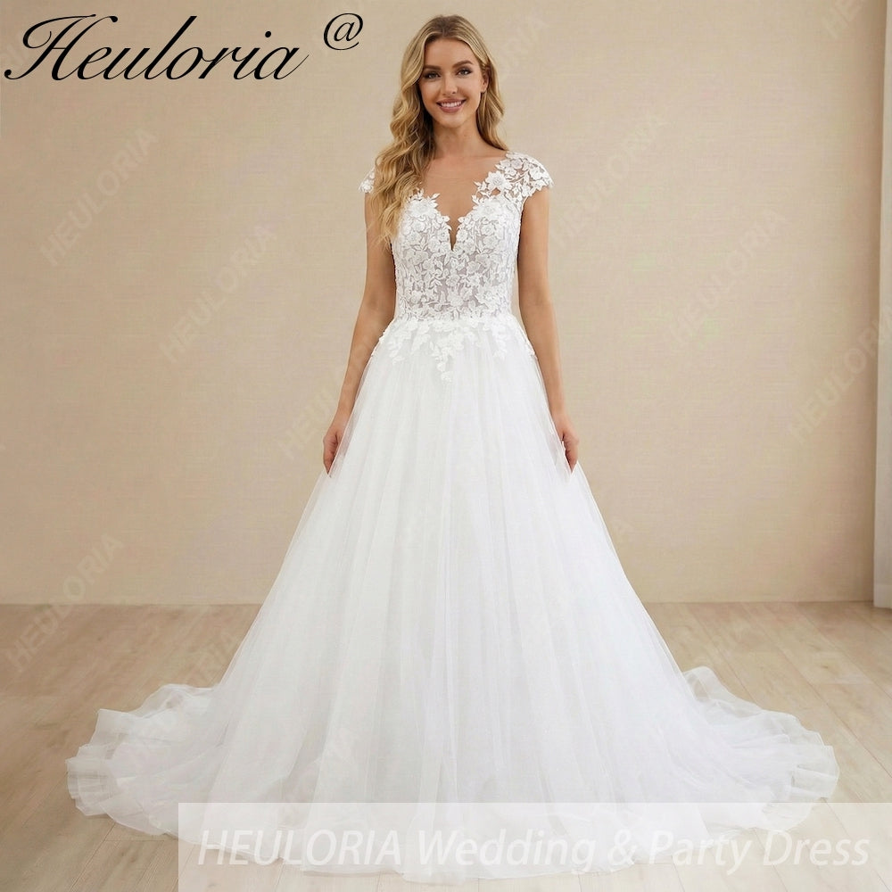 HEULORIA 3D Floral Lace A-Line Wedding Dress with Illusion V-Neck & Romantic Cap Sleeves AL-1042 Main image