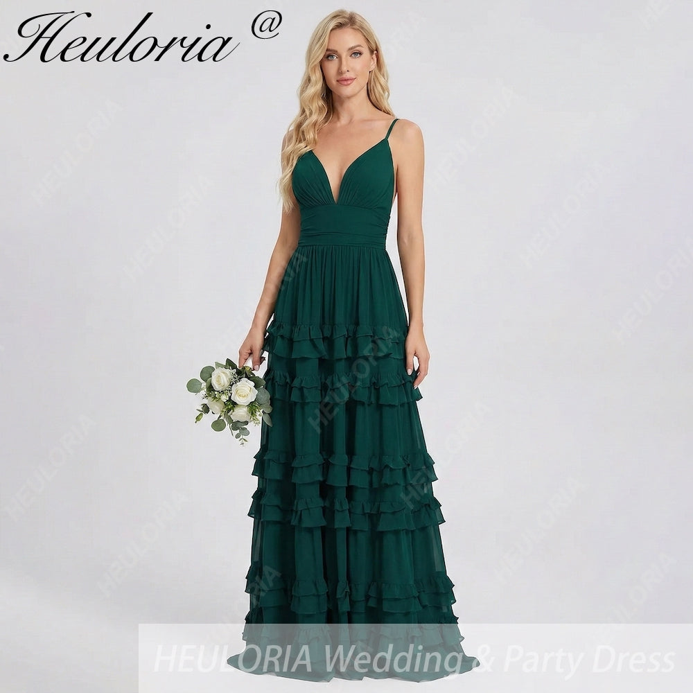 HEULORIA Dark Green Deep V-Neck Tiered Ruffle Chiffon Maxi Dress - Elegant Evening Gown ED-242