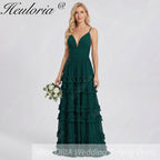 HEULORIA Dark Green Deep V-Neck Tiered Ruffle Chiffon Maxi Dress - Elegant Evening Gown ED-242