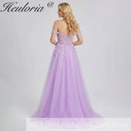 HEULORIA Lilac Off-The-Shoulder Sweetheart Prom Dress with 3D Floral Appliques & Corset Bodice ED-338