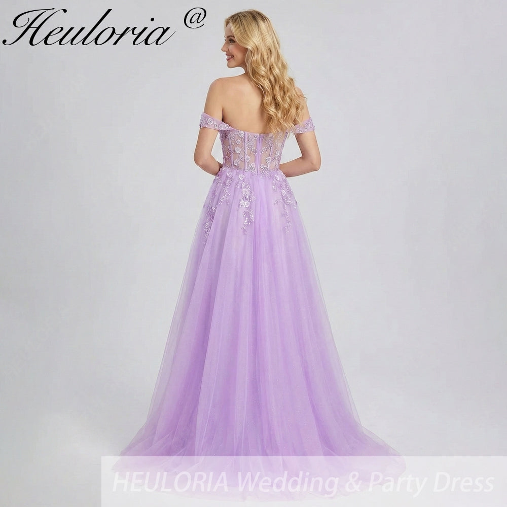 HEULORIA Lilac Off-The-Shoulder Sweetheart Prom Dress with 3D Floral Appliques & Corset Bodice ED-338