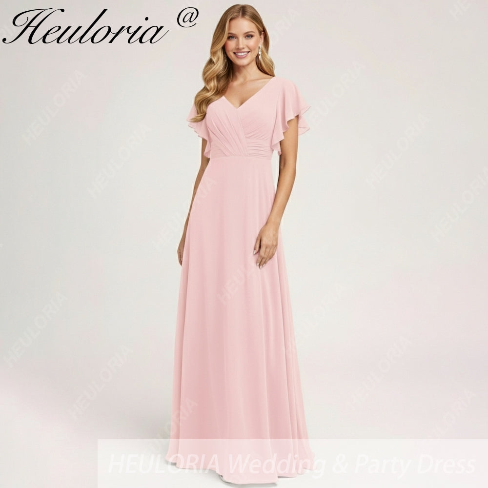 HEULORIA Long Bridemaid dress short sleeve V neck chiffon party dress formal dress ED-133