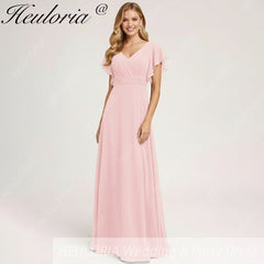 HEULORIA Long Bridemaid dress short sleeve V neck chiffon party dress formal dress ED-133