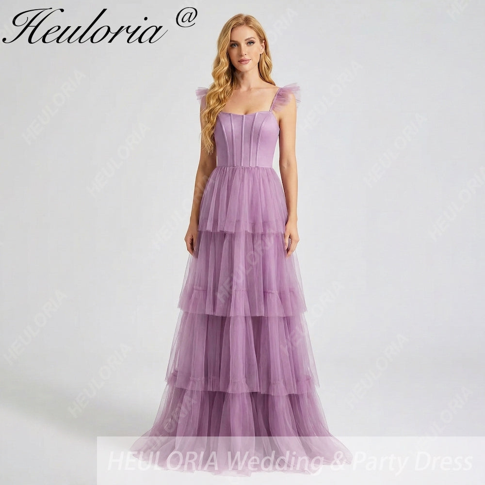 HEULORIA Romantic Tiered Tulle Corset Gown with Ruffled Straps and Lace-Up Back Formal Dress ED-226