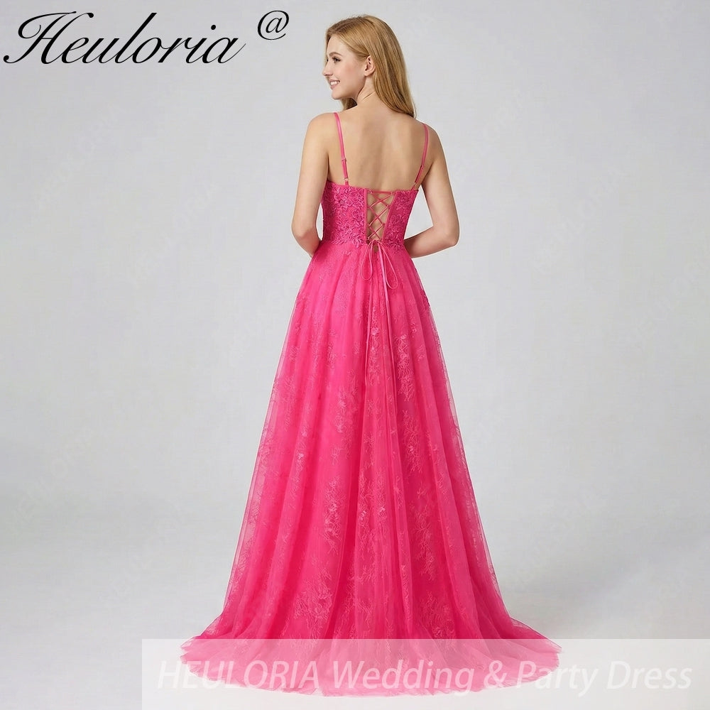 HEULORIA Vibrant Fuchsia Lace Prom Dress - Spaghetti Strap Bodice with High Slit & Corset Back ED-374