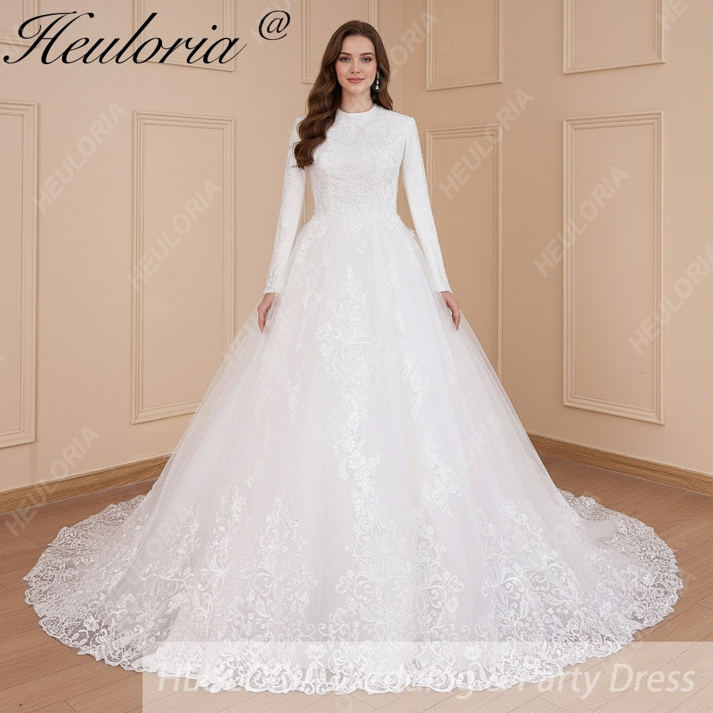 HEULORIA Muslim ball gown Wedding Dress long sleeve round neck plus size robe de mariee Lace beading bride dress court train BA-569