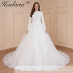 HEULORIA Muslim ball gown Wedding Dress long sleeve round neck plus size robe de mariee Lace beading bride dress court train BA-569