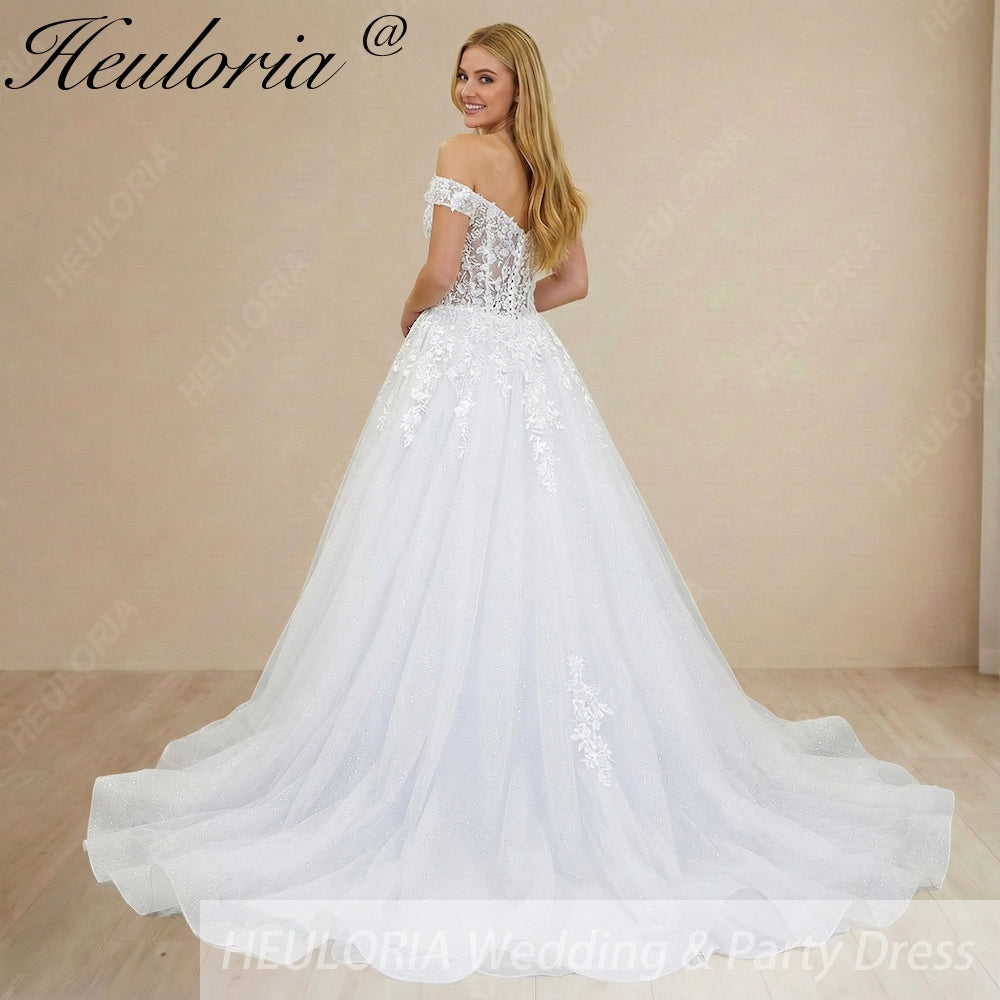 Heuloria Botanical Leaf Lace Corset Wedding Dress with Romantic Off-the-Shoulder Draped Sleeves BA-1084