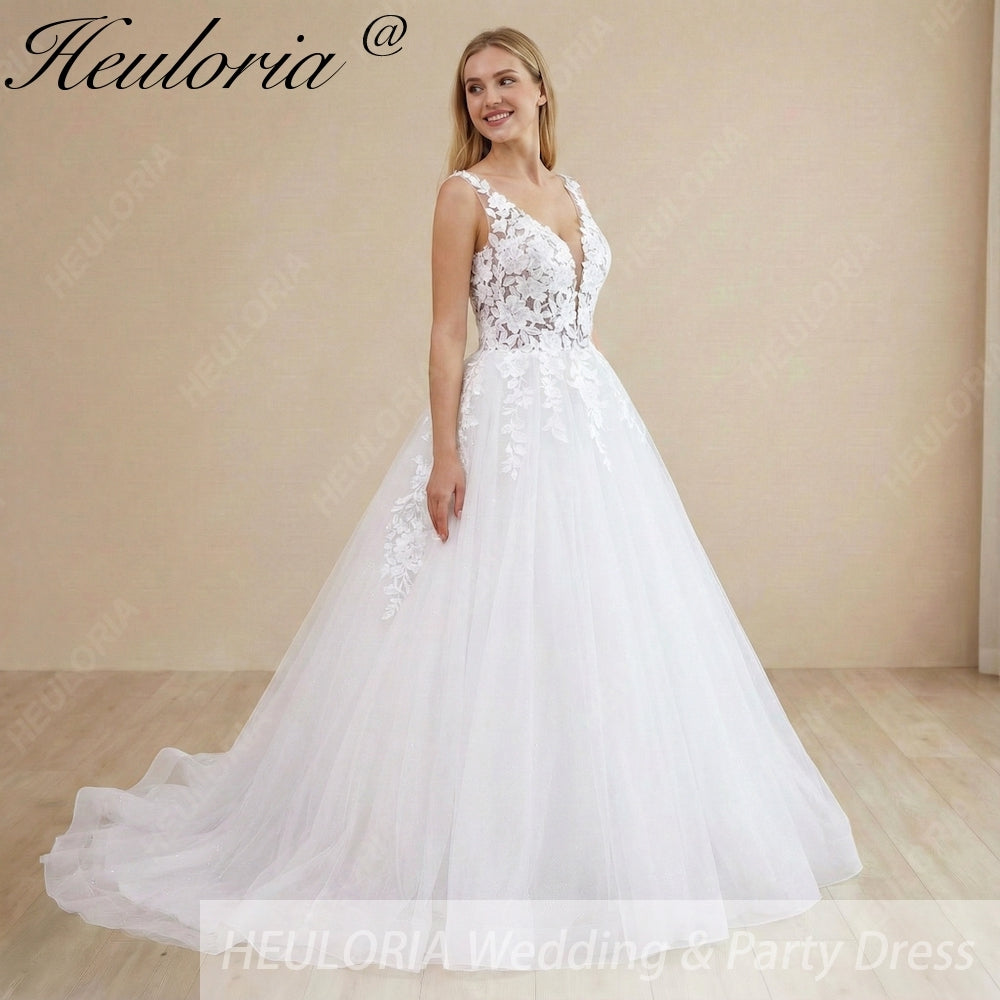 HEULORIA Romantic Illusion V-Neck Floral Lace A-Line Wedding Dress: Exquisite Appliques & Shimmering Tulle AL-1038
