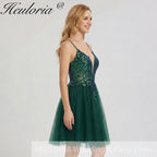 HEULORIA Short Emerald Green V-Neck Sequined Homecoming Dress with Illusion Plunge & Lace-Up Back ED-282