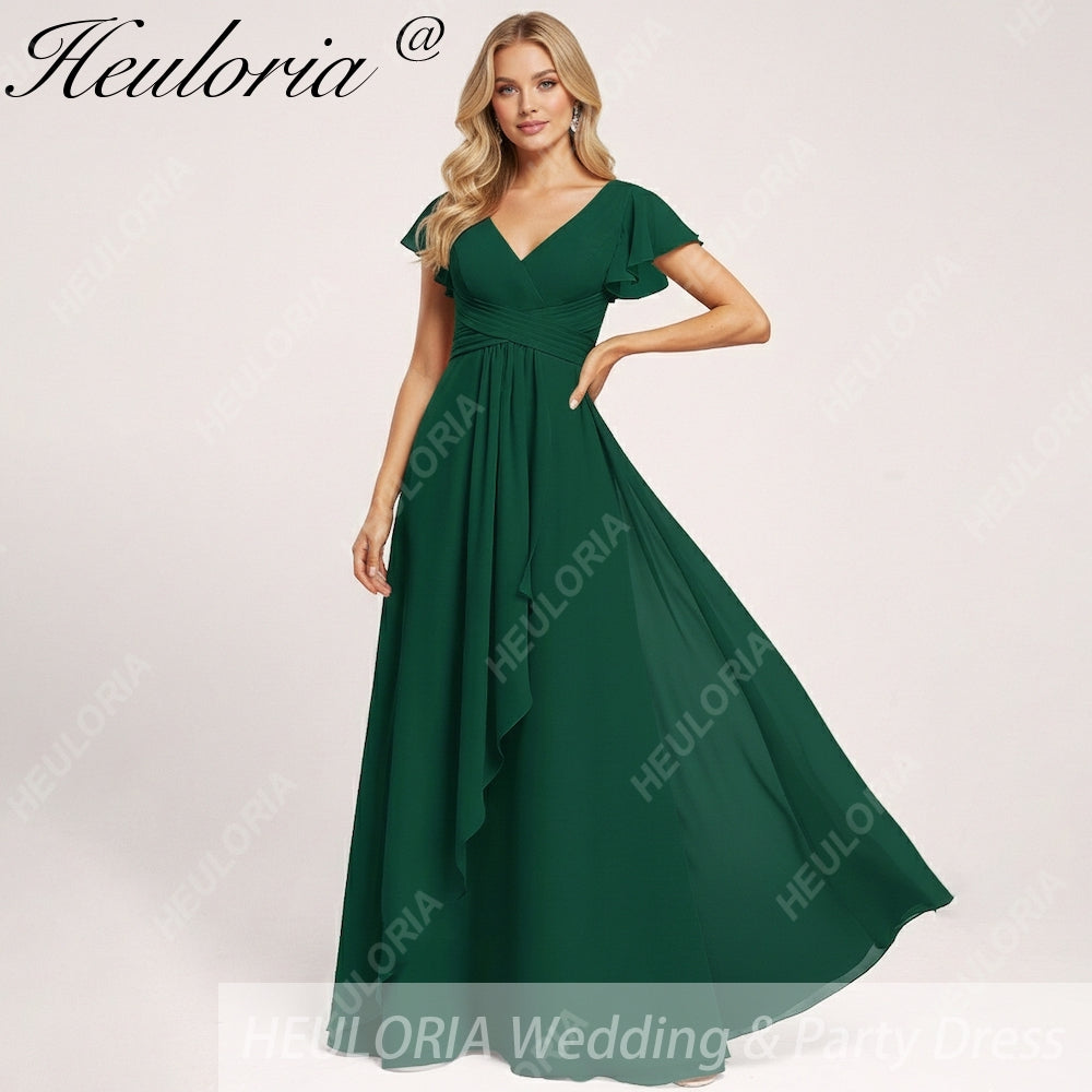 HEULORIA Long Bridemaid dress short sleeve V neck chiffon party dress formal dress ED-135