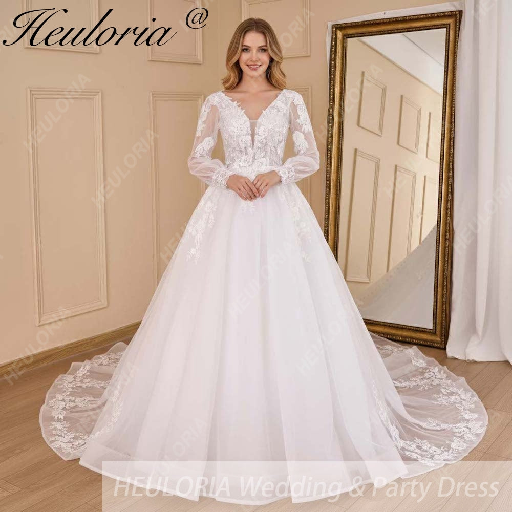 HEULORIA elegant A line wedding dress V neck long sleeve organza bride dress Robe De Mariee Wedding Bride Dress long train AL-656