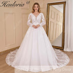 HEULORIA elegant A line wedding dress V neck long sleeve organza bride dress Robe De Mariee Wedding Bride Dress long train AL-656