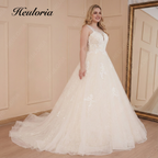 HEULORIA Illusion Deep V-Neck Lace A-Line Wedding Dress with Shimmering Grid Tulle and Button Back AL-561plus