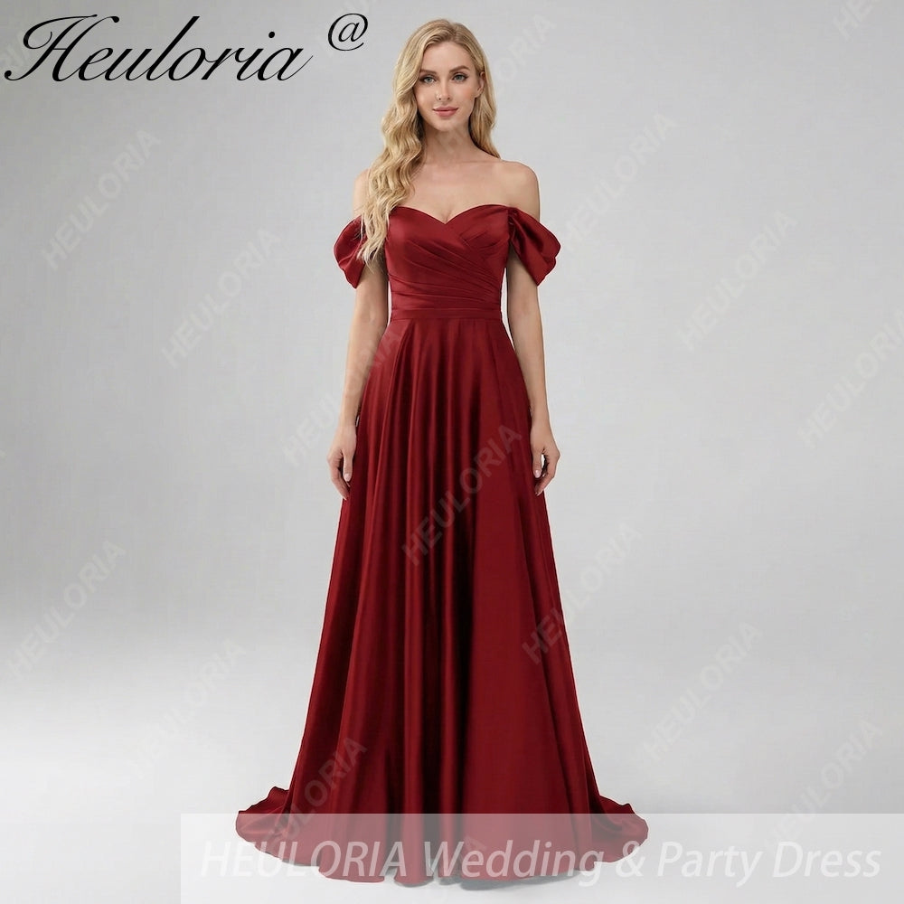 HEULORIA Elegant Off-The-Shoulder Pleated Satin Gown - Sweetheart Neckline A-Line Formal Evening Dress ED-232